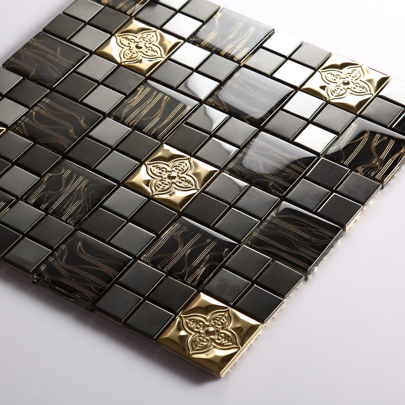 3D flower golden metal mixed flower glass mosaic tiles for kitchen backsplash