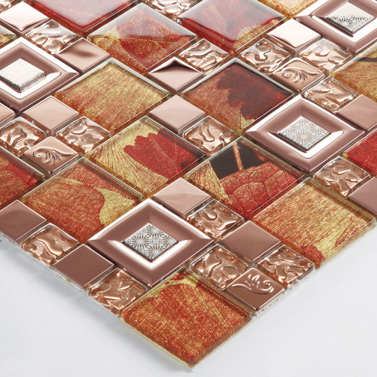 Rose Gold Stainless Steel Tile Red Glass Mosaic Backsplash 3D Leaf Patterns Kitchen and Bathroom Tiles