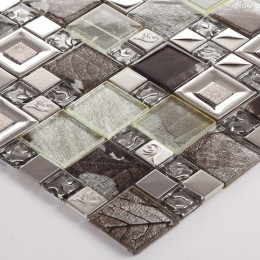 Silver Stainless Steel Tile Brown Glass Mosaic Backsplash 3D Leaf Patterns Kitchen and Bathroom Tiles
