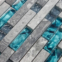 Teal Blue Glass Tile Backsplash Gray Marble Strip Random Interlocking Bathroom Shower Tiles