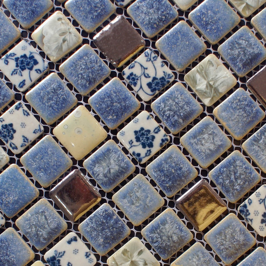 Blue and White Tile Gold Coated Ceramic Porcelain Mosaic Backsplash Kitchen and Bathroom Wall Tiles