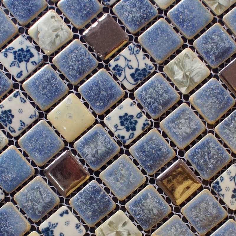 Blue And White Tile Gold Coated Ceramic, Blue And White Porcelain Mosaic Tile
