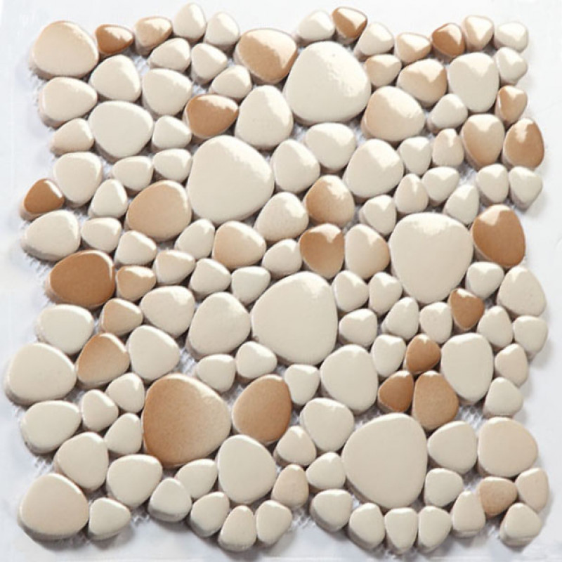 White And Brown Porcelain Pebble Tile Glossy Ceramic Mosaic Pebble Tile Glossy Ceramic Mosaic