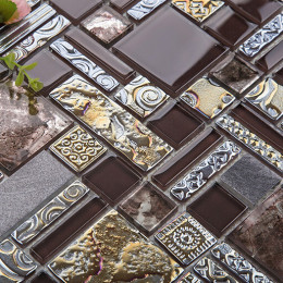 Brown Glass and Metal Tile Backsplash Brushed Aluminum Mosaic Iridescent Tile Bathroom Wall Tiles