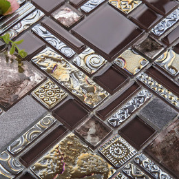 Metal and glass blend mosaic tile brown crackle crystal backsplash  stainless steel with base