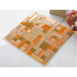 Brass Aluminum Brushed Metal Tile Orange and Brown Crystal Glass Mosaic Iridescent Tile Backsplash