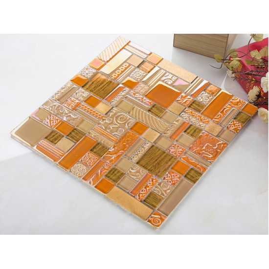 Brass Aluminum Brushed Metal Tile Orange and Brown Crystal Glass Mosaic Iridescent Tile Backsplash