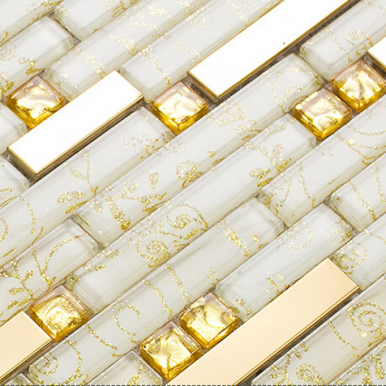 Gold Stainless Steel Tiles and Crystal Backsplash White Glass Mosaic Tile Shower Bathroom Wall Decor