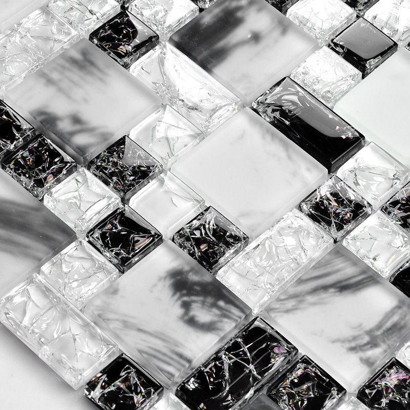 Black And White Glass Mosaic Bathroom, White Glass Tile Backsplash