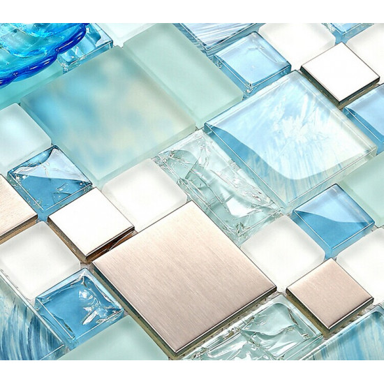 Silver Stainless Steel Tile Blue Glass Backsplash Beach Themed Bathroom Tiles Metallic Mosaic