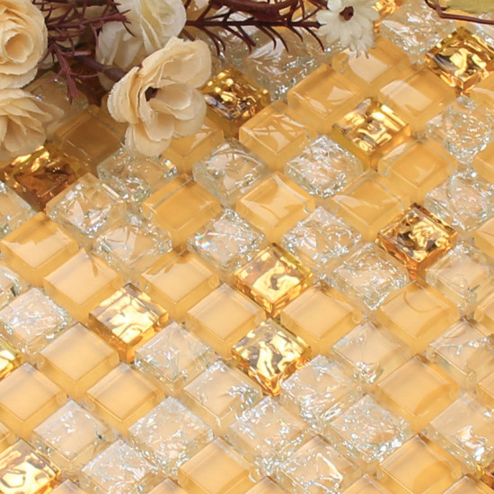 Gold Glass Mosaic Backsplash Tiles Crackled Crystal Wall Tile for Kitchen and Bathroom Shower