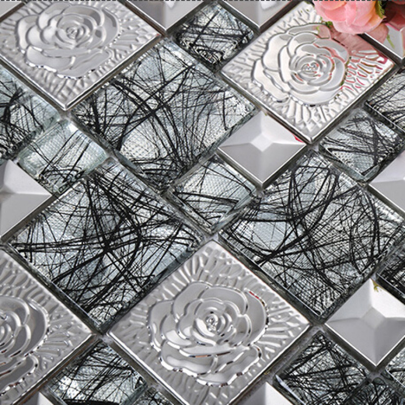 3D flower golden metal mixed flower glass mosaic tiles for kitchen backsplash