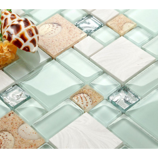 Sea Green Glass and White Stone Tile Resin Conch Beach Inspired Kitchen Backsplash Coastal Bathrooms