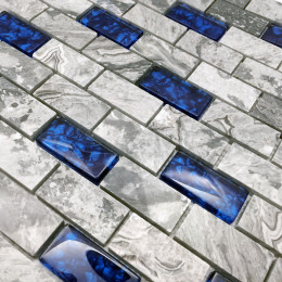 Navy Blue Glass Backsplash Tile Gray Marble 1" x 2" Subway Mini Brick for Bath Wall and Floor Tiles