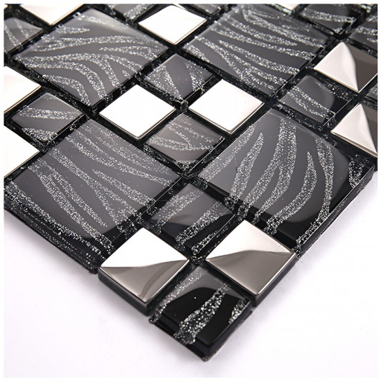 Silver Coated Crystal Backsplash Wall Tiles Black Glass Mosaic Tile Random Patterns for Kitchen and Bathroom