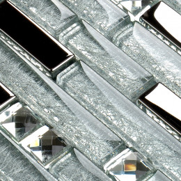 Silver Stainless Steel Tile Clear Crystal Glass Backsplash Random Interlocking Mosaic Tiles